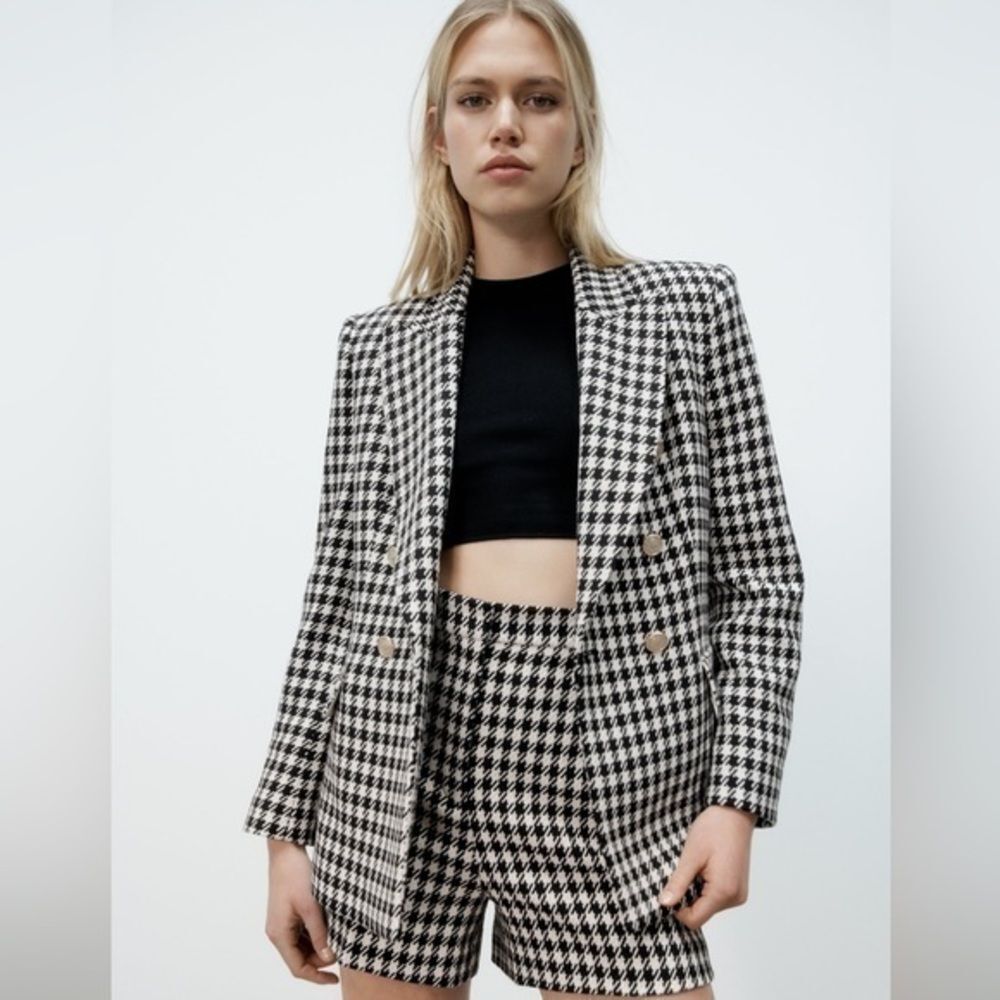 NWT ZARA DOUBLE BREASTED GOLD BUTTON HOUNDSTOOTH BLAZER BLOGGER FAVORITE SMALL